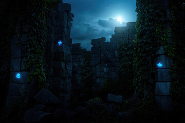 Naklejka premium Mysterious ancient ruins at night under moonlight with glowing blue symbols on overgrown stone walls