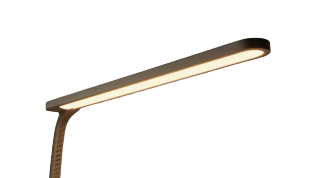 Close up of a modern led desk lamp with adjustable arm isolated on transparent background