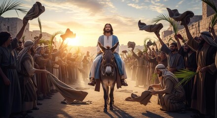 Jesus entrance, a vibrant crowd cheers for the son of God on a donkey
