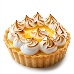 lemon meringue tart with a golden, crisp meringue topping and zesty lemon filling on white background