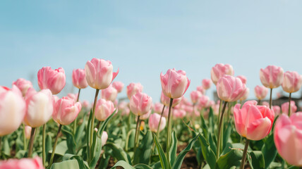 A soft, dreamy photograph of pink tulips in full bloom against a light blue sky. 