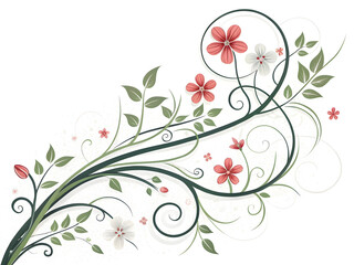 Abstract floral vine with coral and white blossoms and green leaves image