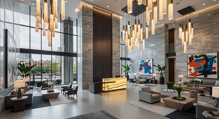 The grandeur of a modern lobby creates a striking visual experience with stylish lighting