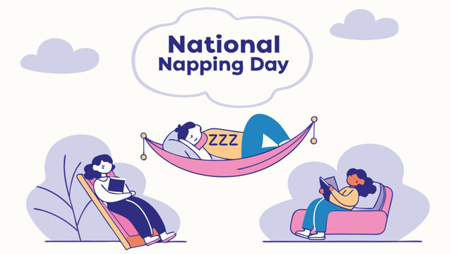 Relaxing National Napping Day Illustration: Cartoon People Resting, Hammock, Chairs, Books - Powered by Adobe