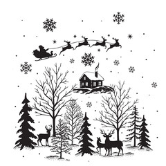 Christmas Snowy Scene with Santa Claus and Reindeer. Christmas Black and White Drawing Isolated-  Christmas Black and White Vector Illustration