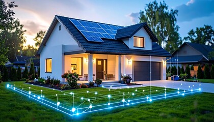 Smart home with solar panels, illuminated at dusk, showing a network connection overlay