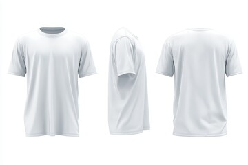 Realistic mockup of a blank white men's t-shirt showcasing front, side, and back views in a studio setting