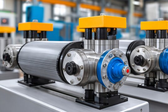 Industrial pump with yellow top in modern factory showing modern engineering - Powered by Adobe