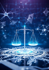 scale of justice, Digital balancing scale justice, fairness in modern technology environment. Holographic scales balance on illuminated datum background of ai circuitry. Innovation concept in abstract