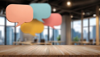 Wooden table with floating speech bubbles over blurred office scene