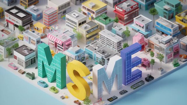 A cityscape with a large MSME in the middle. The letters are in different colors. 3D conceptual illustration where &ldquo;MSME&rdquo; letters are shops viewed from above, bright minimal background