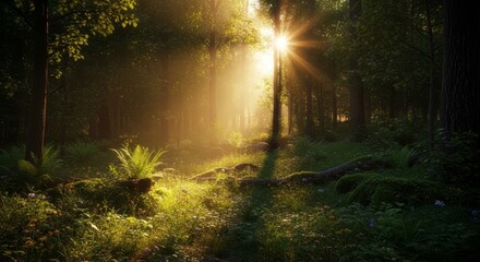 Obraz premium Sunlit Forest Path - Magical sunbeams illuminate a tranquil forest path, dappled sunlight filtering through lush green foliage. Serene nature scene