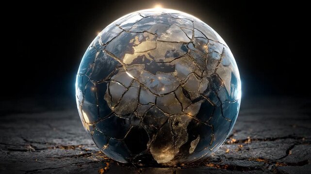 A broken globe with a crack in it. The globe is on a rocky surface. Conceptual globe illustration with cracked earth texture overlay, dramatic symbolic scarcity concept, geopolitical scarcity