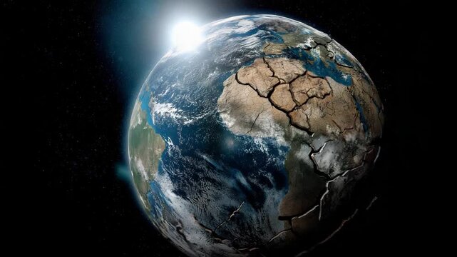 A planet with a large hole in it. The planet is surrounded by stars. Conceptual globe illustration with cracked earth texture overlay, dramatic symbolic scarcity concept, geopolitical scarcity