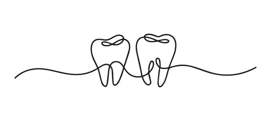 Minimalist continuous line art of two healthy teeth dental oral hygiene