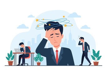 Flat illustration of stressed businessman suffering from headache and burnout, overwhelmed with office work, deadlines, and mental fatigue, symbolizing workplace pressure and exhaustion