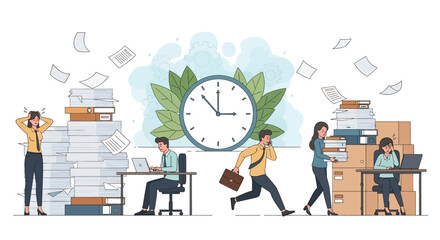 Flat illustration of office employees overwhelmed by paperwork and deadlines, showing stress, workload, time management issues, business pressure, productivity challenges, and workplace anxiety