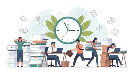 Flat illustration of office employees overwhelmed by paperwork and deadlines, showing stress, workload, time management issues, business pressure, productivity challenges, and workplace anxiety