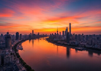 Fototapeta premium Sunrise Cityscape Over River - Urban skyline at dawn, reflecting in calm river waters. Symbolizes progress, tranquility, reflection, aspiration, and modern city life