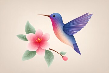 Obraz premium Hummingbird flying near cherry blossom branch, pastel colors illustration