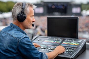 Sound engineer adjusting levels on audio mixing console during live concert