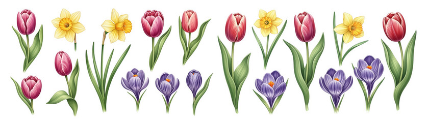 Fototapeta premium Vibrant spring flowers including tulips, daffodils, and crocuses in a colorful arrangement.