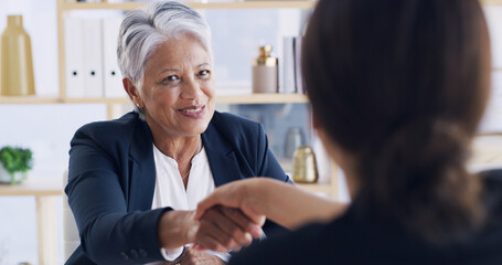 Fototapeta premium Shaking hands, deal and business women in office with finance agreement, partnership or meeting. Happy, welcome and female financial manager with client for investment contract with handshake.