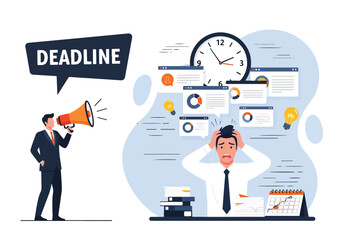 Flat illustration of stressed businessman at office desk overwhelmed by deadline, boss shouting with megaphone, paperwork, clock, reports, anxiety, time pressure, corporate stress, and workload