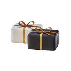 Obraz premium Two presents, one black and one white, are adorned with golden ribbons on transparent background