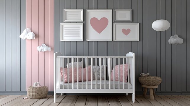 Baby Crib with Pink and Gray Decor in Modern Nursery Room