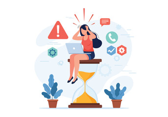 Flat illustration of stressed woman sitting on hourglass with laptop, overwhelmed by deadline pressure, multitasking, workload, time management challenges, and office productivity stress