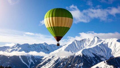 Naklejka premium Breathtaking aerial view of a vibrant hot air balloon soaring peacefully over a majestic snow-covered mountain range