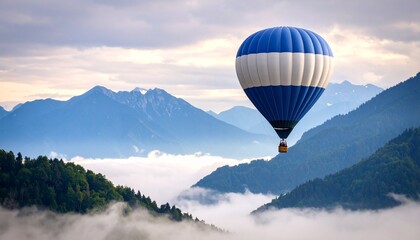 Fototapeta premium Majestic hot air balloon flight soaring peacefully above a sea of clouds and mountain peaks.