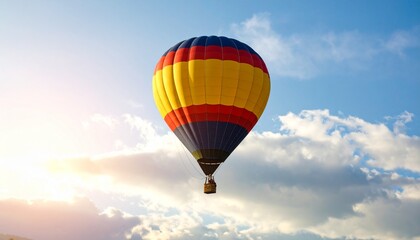 Fototapeta premium Colorful hot air balloon flying high in the sunny sky for a concept of freedom and adventure.