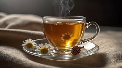 Herbal tea with floating chamomile flowers in a glass cup, honey dipper on linen cloth, soft daylight, photorealistic.