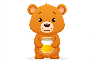 Fototapeta premium Adorable brown bear cub holding honey jar, smiling cartoon character