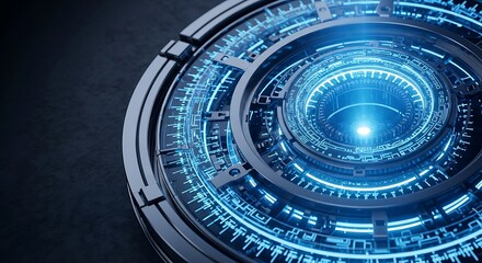 Closeup of a futuristic glowing blue technological engine or machine core with intricate circular details
