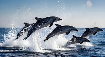 Fototapeta premium Four Dolphins Leaping Ocean Splash