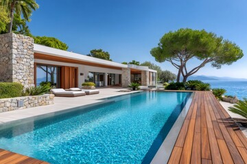 Fototapeta premium Luxury infinity pool overlooking tranquil ocean at a modern villa