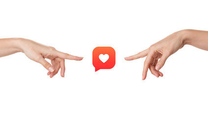 Digital affection two hands reaching towards a vibrant heart symbol on isolated transparent