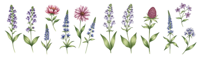 Naklejka premium A vibrant arrangement of various flowers in shades of pink, purple, and blue, capturing nature's beauty.