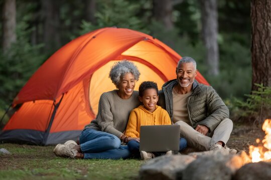 Grandparents and grandchild camping using laptop by campfire - Powered by Adobe