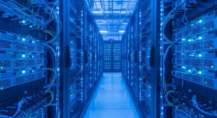 Blue Illuminated Server Room: Data Center Technology