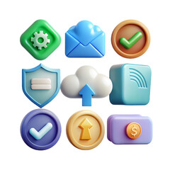 Collection of nine modern 3d digital icons isolated on transparent background