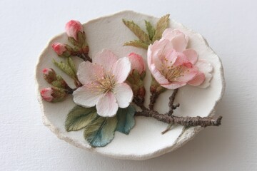 Delicate, hand-crafted plate featuring sculpted, pastel pink cherry blossoms and buds, on a textured, off-white base