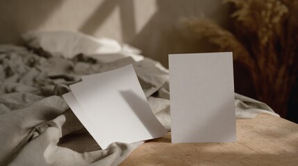 Fototapeta premium Blank White Paper Sheets on Wooden Table in Cozy Bedroom