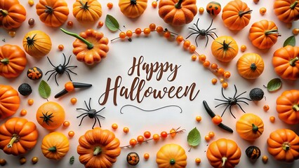 Obraz premium Happy halloween greeting with pumpkins, spiders, and candy corn border on a white background