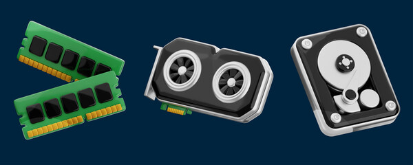 Ram memory, graphics card and hard disk floating on blue background