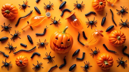 Halloween pattern with pumpkins, spiders, and creepy crawlies scattered on an orange background for a festive celebration