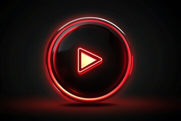 Red glowing play button video player logo on a black background. Red neon light sign of a Play icon in a circular frame